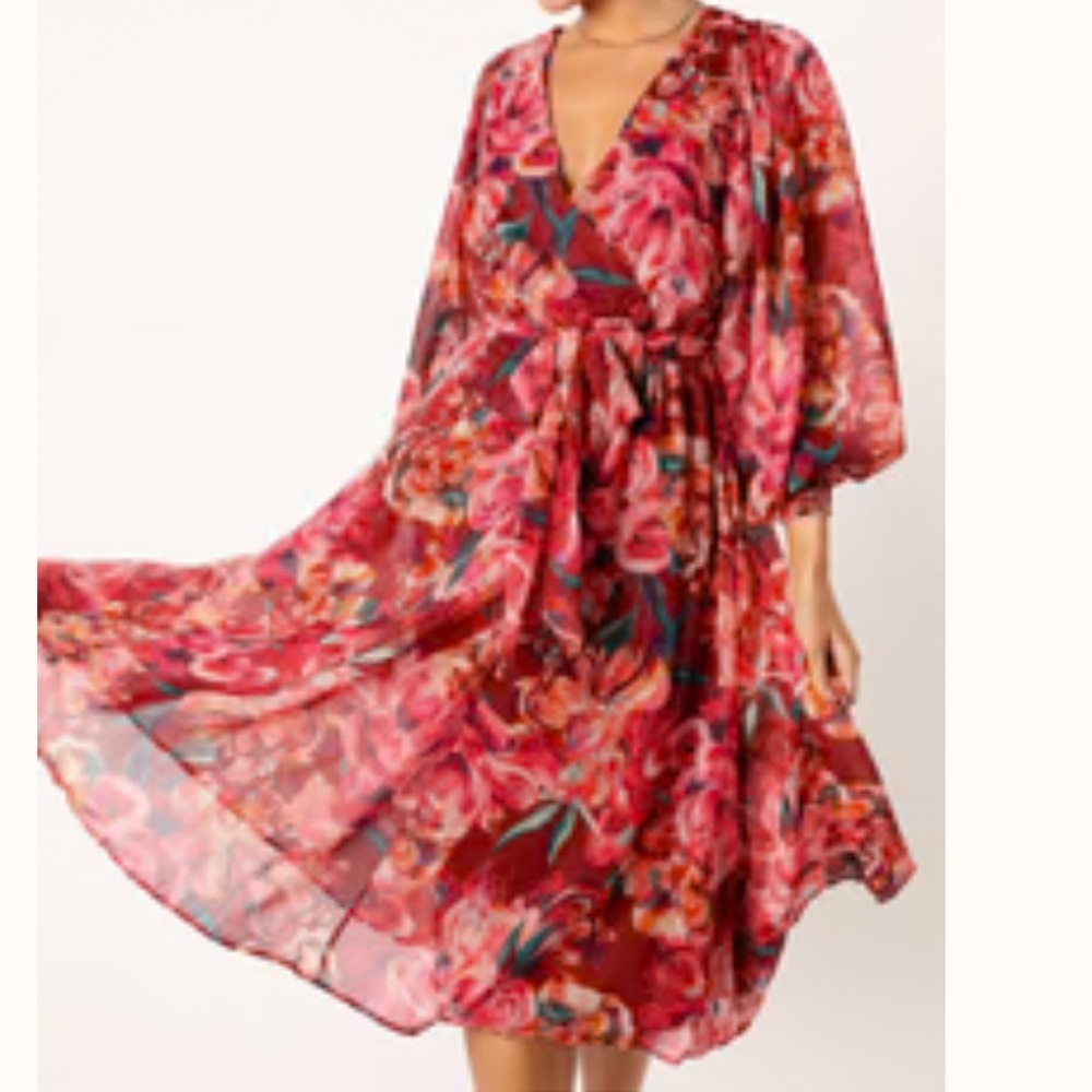 Flying Tomato Red and Pink Floral Midi Dress